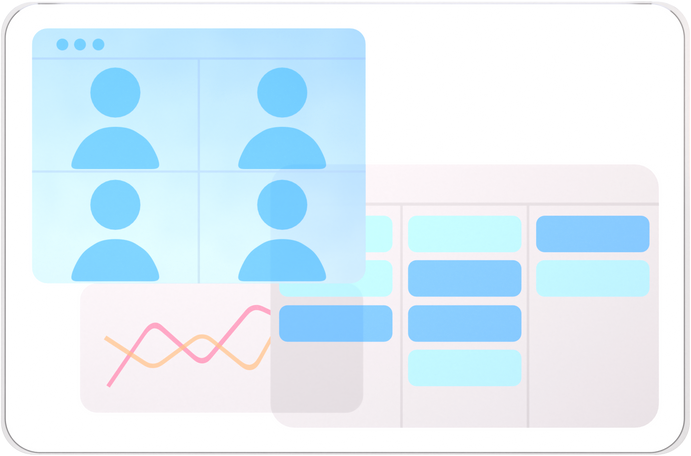 Screen task board with users, infographics, online call window